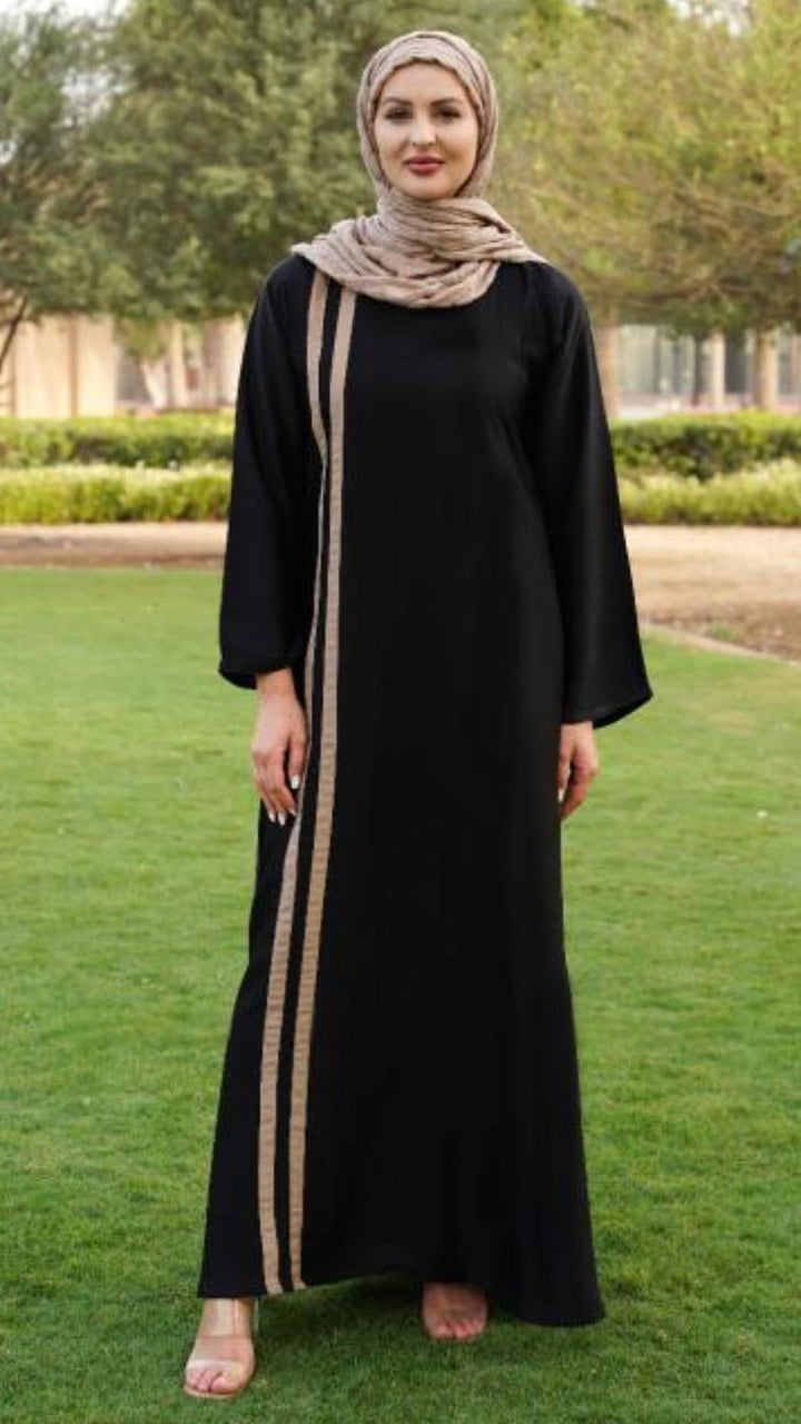 Abaya with Beige Double Bands on the Front in Black - Abaya Elegance