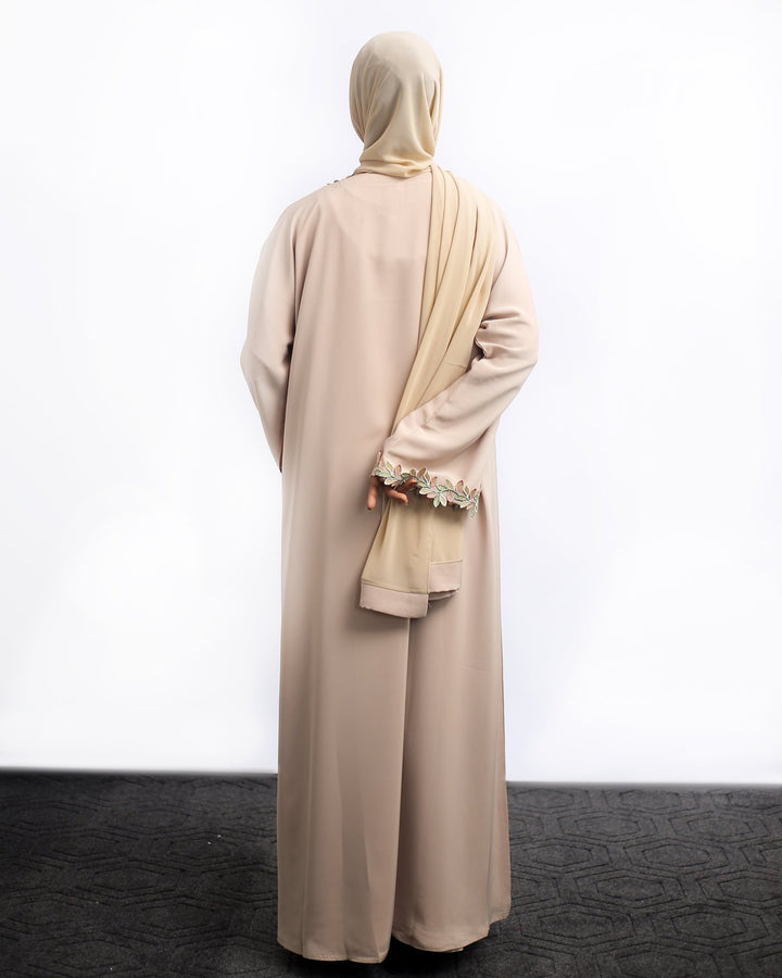 Beige Embroidered Front Open Abaya with Leaf Detailing - Abaya Elegance