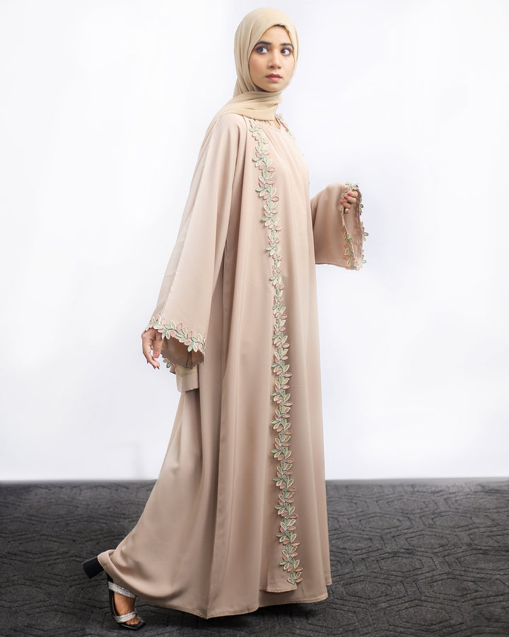 Beige Embroidered Front Open Abaya with Leaf Detailing - Abaya Elegance