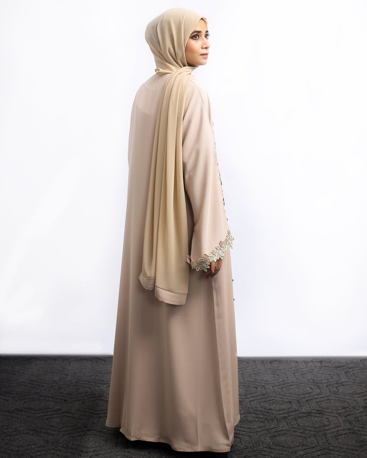 Beige Embroidered Front Open Abaya with Leaf Detailing - Abaya Elegance