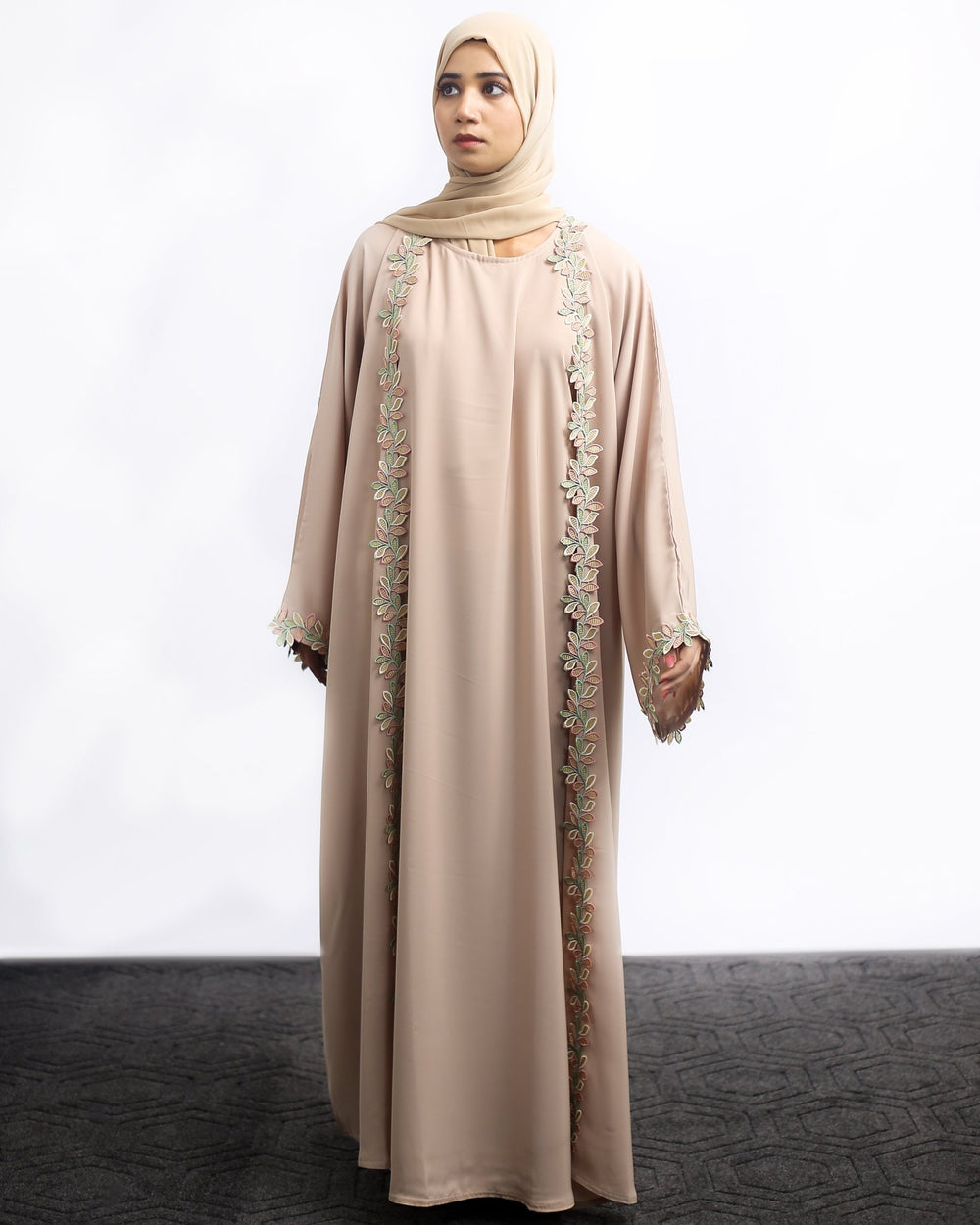 Beige Embroidered Front Open Abaya with Leaf Detailing - Abaya Elegance
