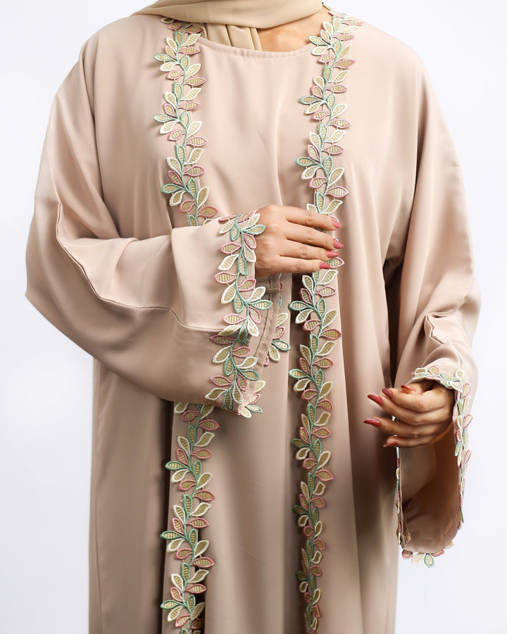 Beige Embroidered Front Open Abaya with Leaf Detailing - Abaya Elegance