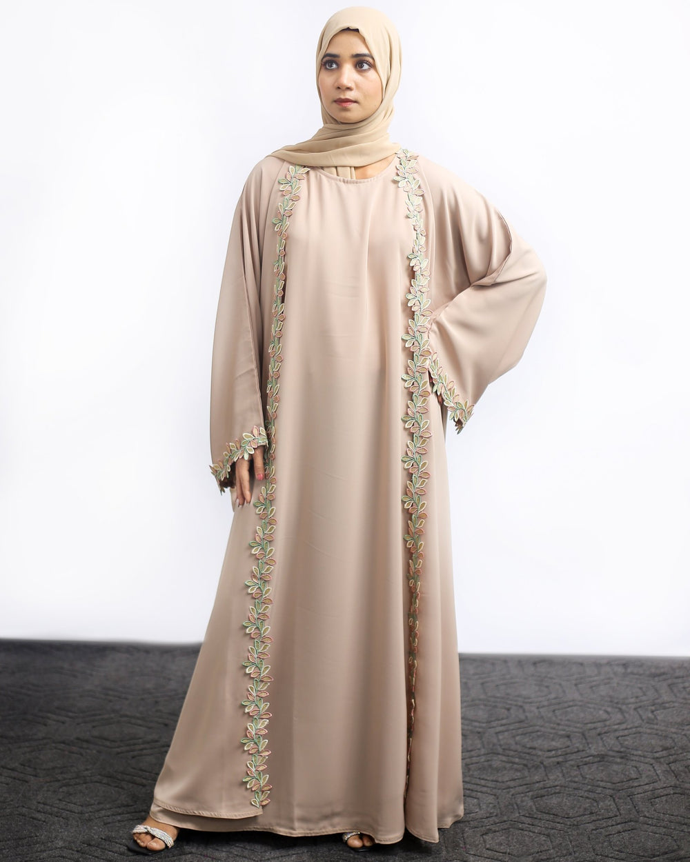 Beige Embroidered Front Open Abaya with Leaf Detailing - Abaya Elegance