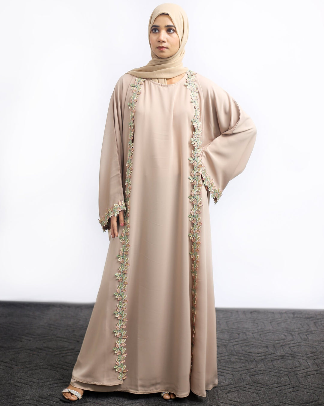 Beige Embroidered Front Open Abaya with Leaf Detailing - Abaya Elegance