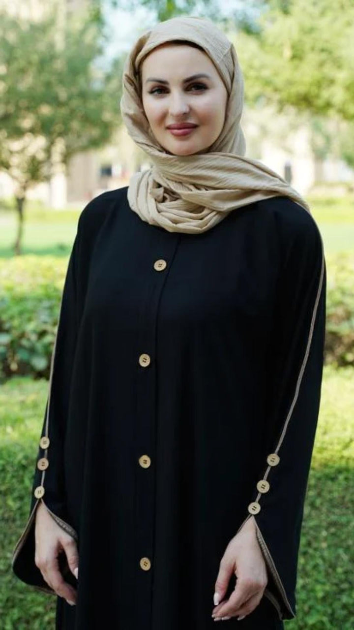 Black Abaya With Beige Piping And Show Buttons on the Front And Sleeves In Black - Abaya Elegance