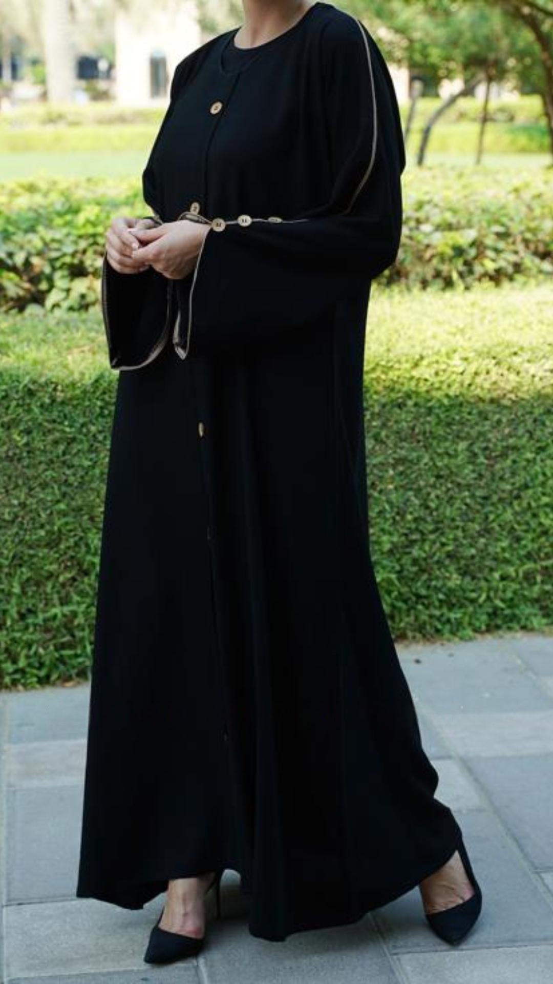 Black Abaya With Beige Piping And Show Buttons on the Front And Sleeves In Black - Abaya Elegance