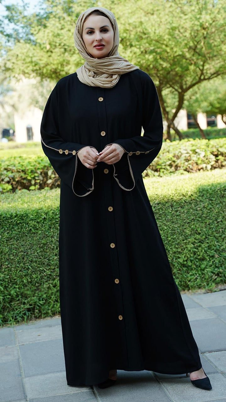 Black Abaya With Beige Piping And Show Buttons on the Front And Sleeves In Black - Abaya Elegance