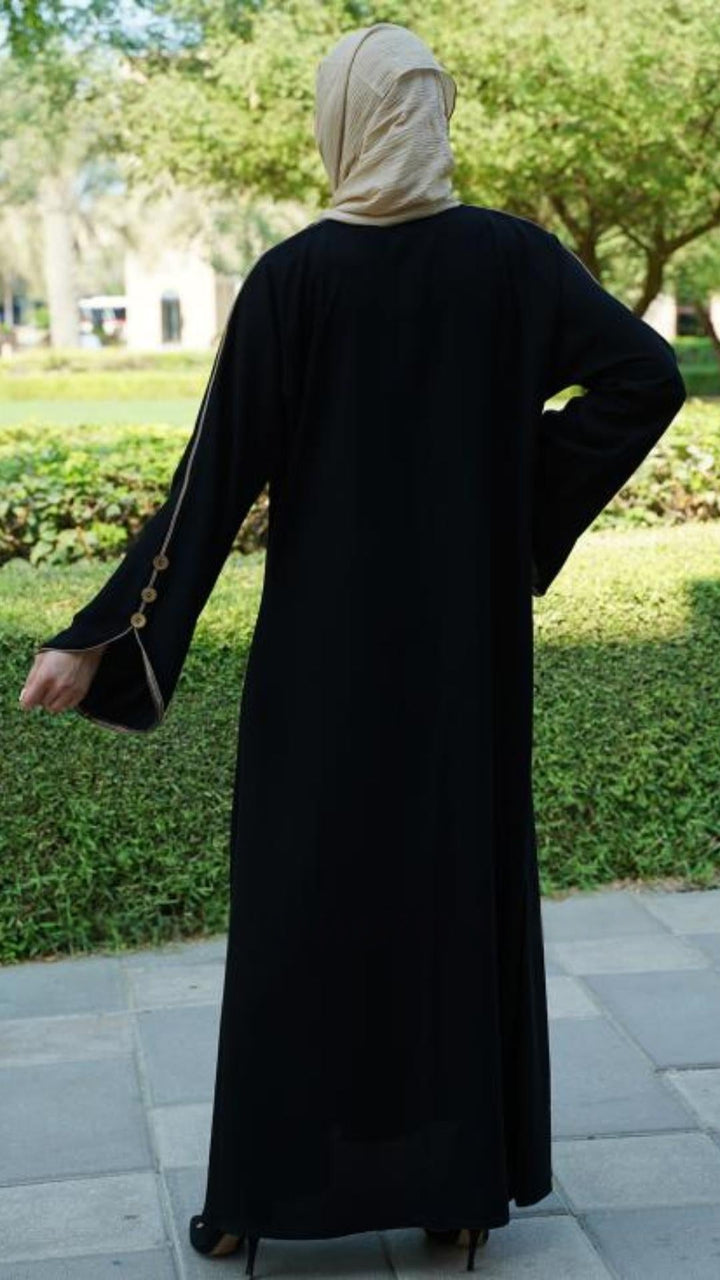 Black Abaya With Beige Piping And Show Buttons on the Front And Sleeves In Black - Abaya Elegance