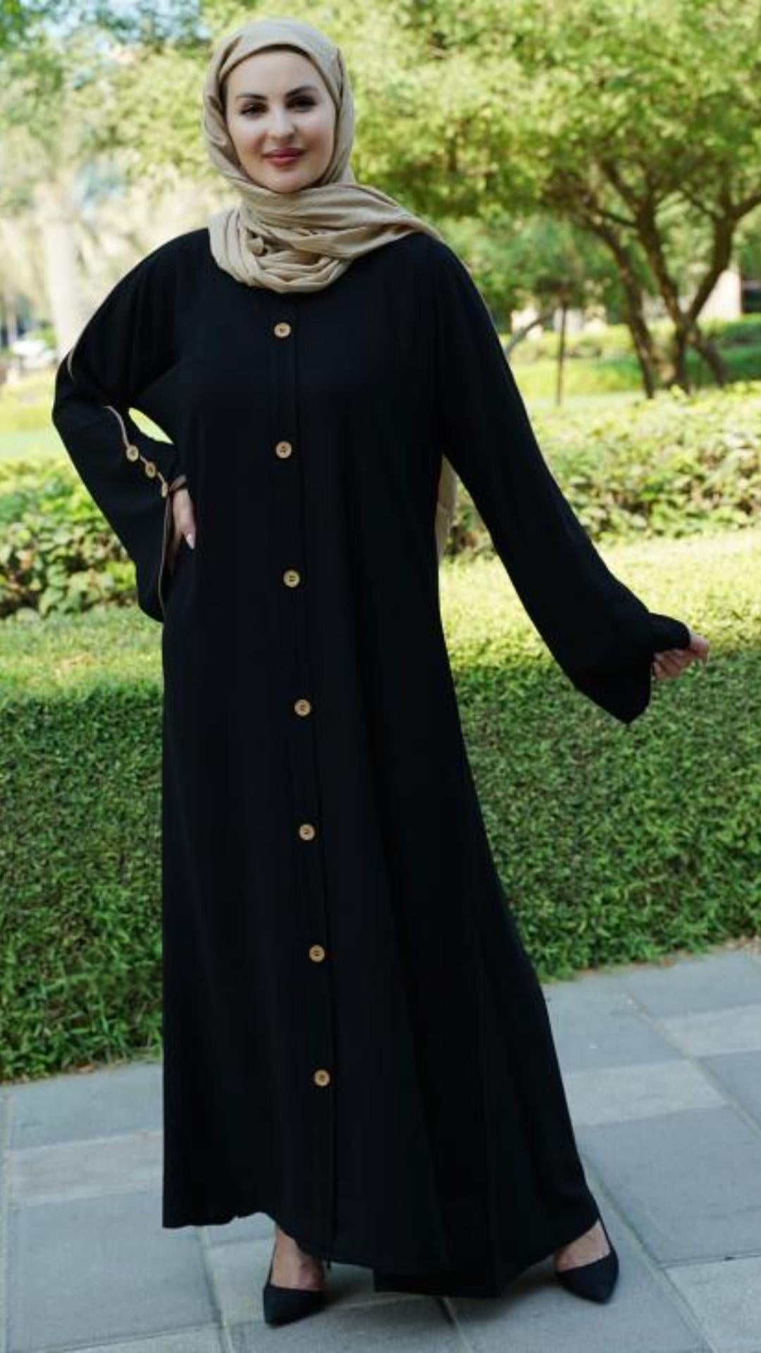Black Abaya With Beige Piping And Show Buttons on the Front And Sleeves In Black - Abaya Elegance