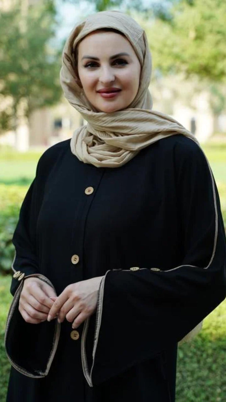 Black Abaya With Beige Piping And Show Buttons on the Front And Sleeves In Black - Abaya Elegance