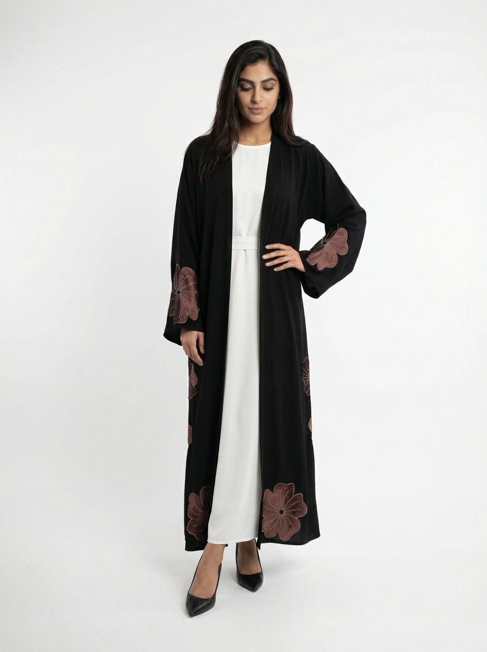 Black Abaya with Brown Velvet Floral – Dubai Style - Abaya Elegance