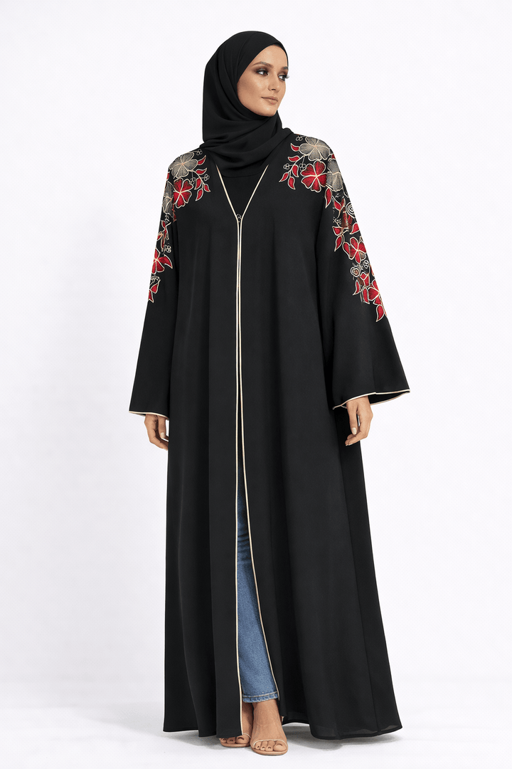 Black Abaya with Floral Embroidery - Abaya Elegance
