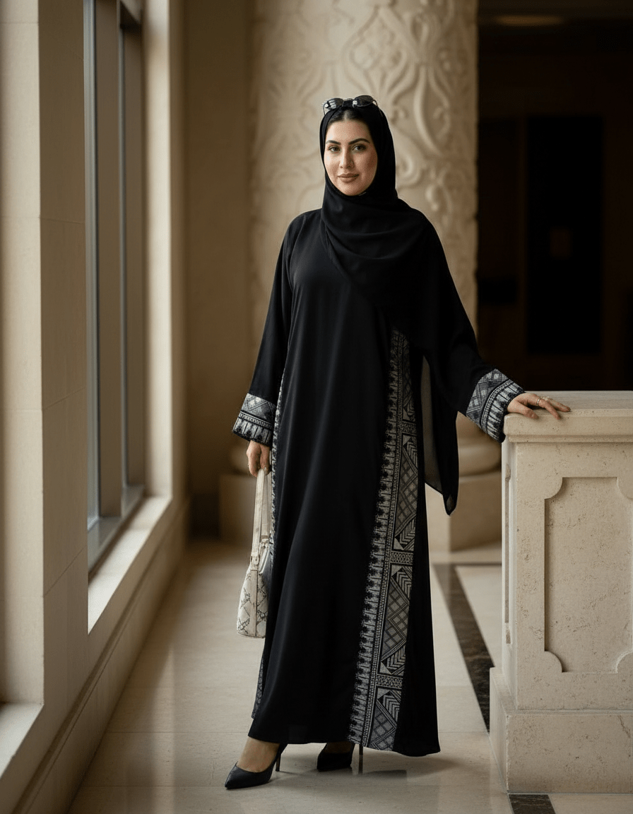 Black Abaya with Printed Side Panels - Abaya Elegance
