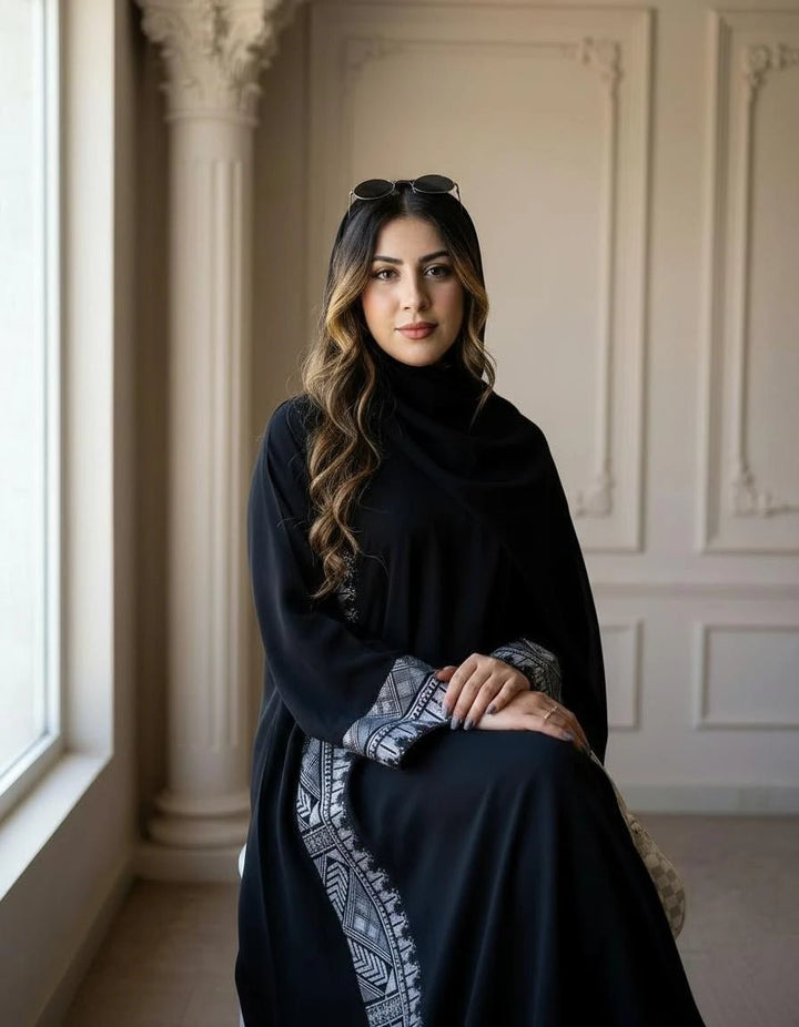 Black Abaya with Printed Side Panels - Abaya Elegance
