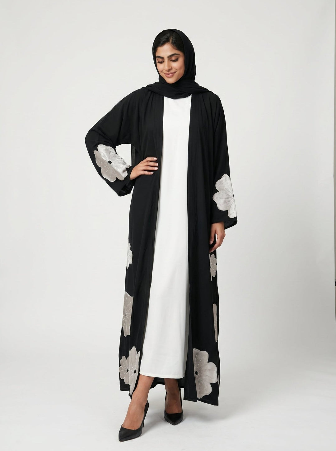 Black Abaya with White Velvet Floral with Belt - Abaya Elegance
