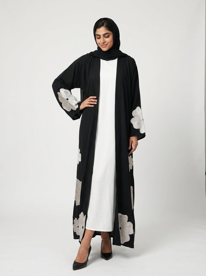 Black Abaya with White Velvet Floral with Belt - Abaya Elegance