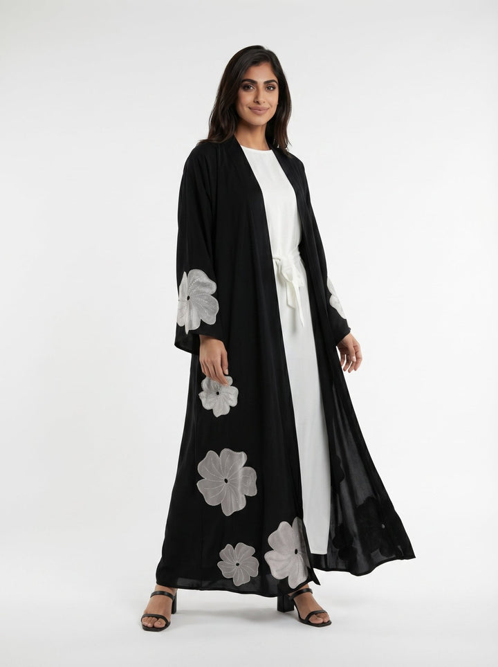 Black Abaya with White Velvet Floral with Belt - Abaya Elegance