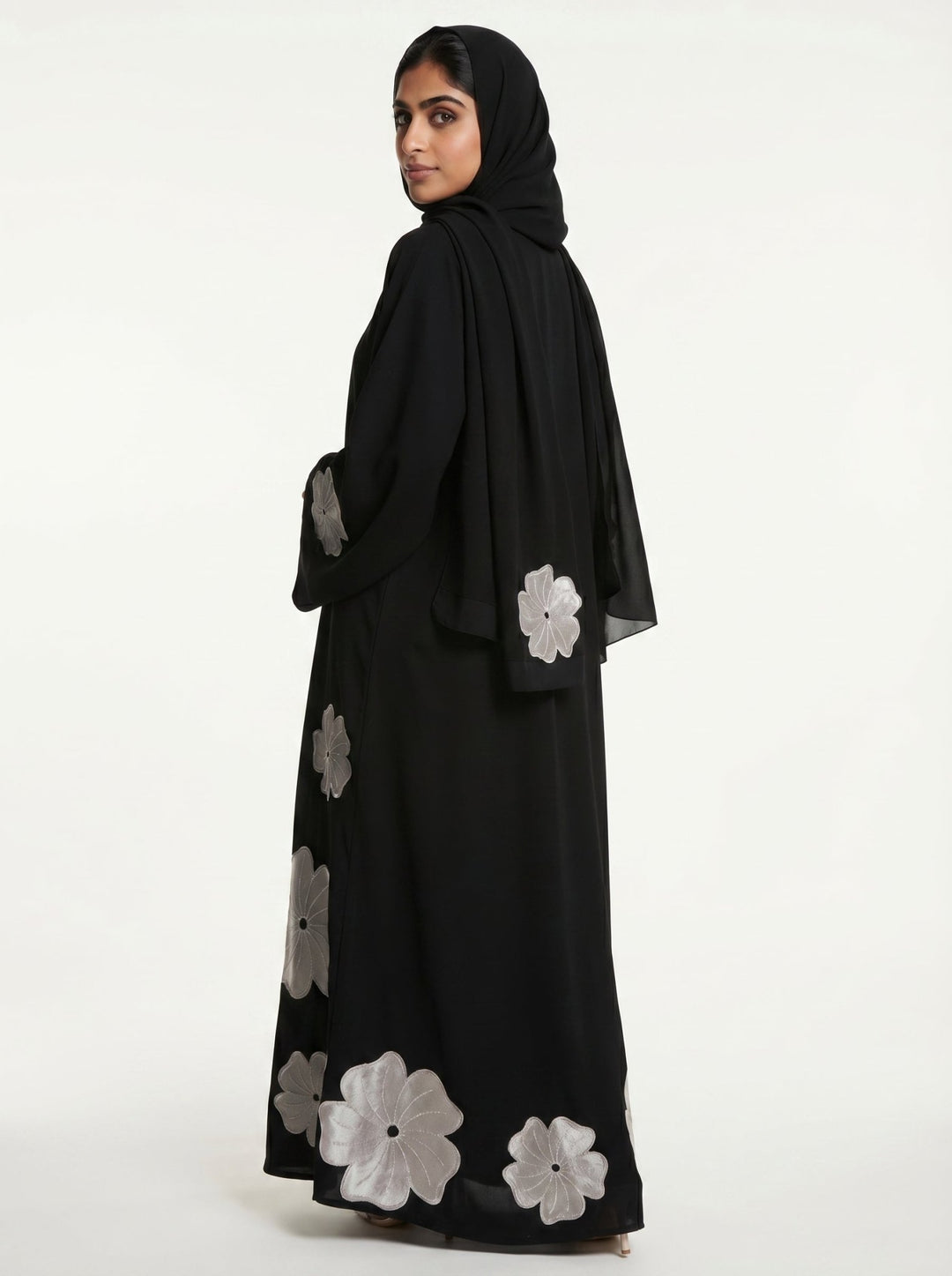 Black Abaya with White Velvet Floral with Belt - Abaya Elegance