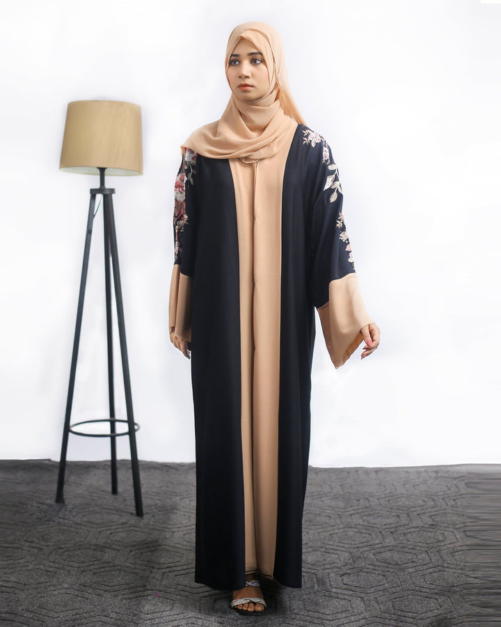 Black & Beige Front Open Abaya with Floral Embroidery - Abaya Elegance