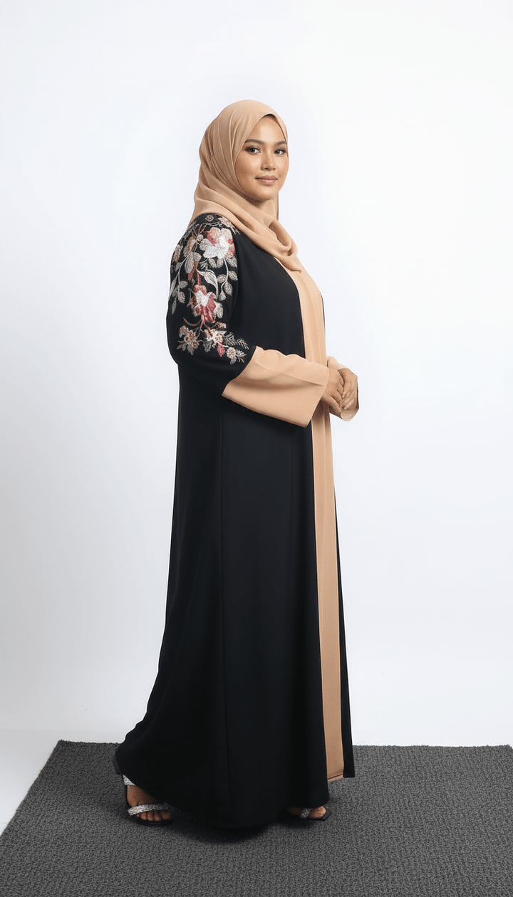 Black &amp; Beige Front Open Abaya with Floral Embroidery - Abaya Elegance