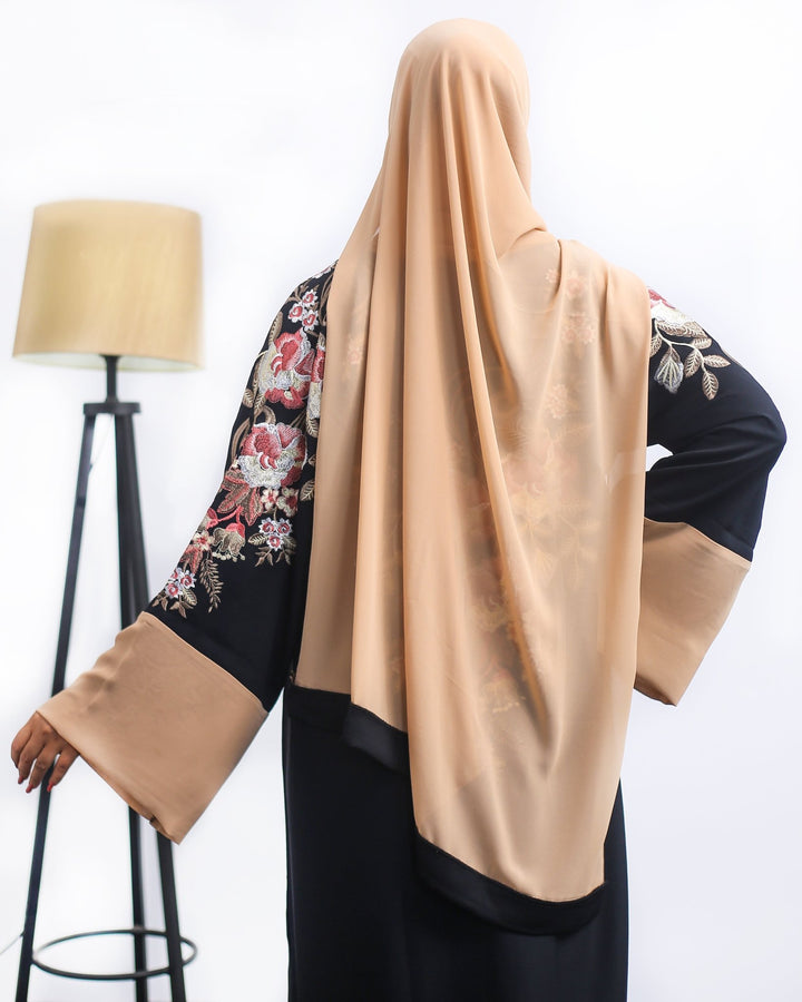 Black & Beige Front Open Abaya with Floral Embroidery - Abaya Elegance
