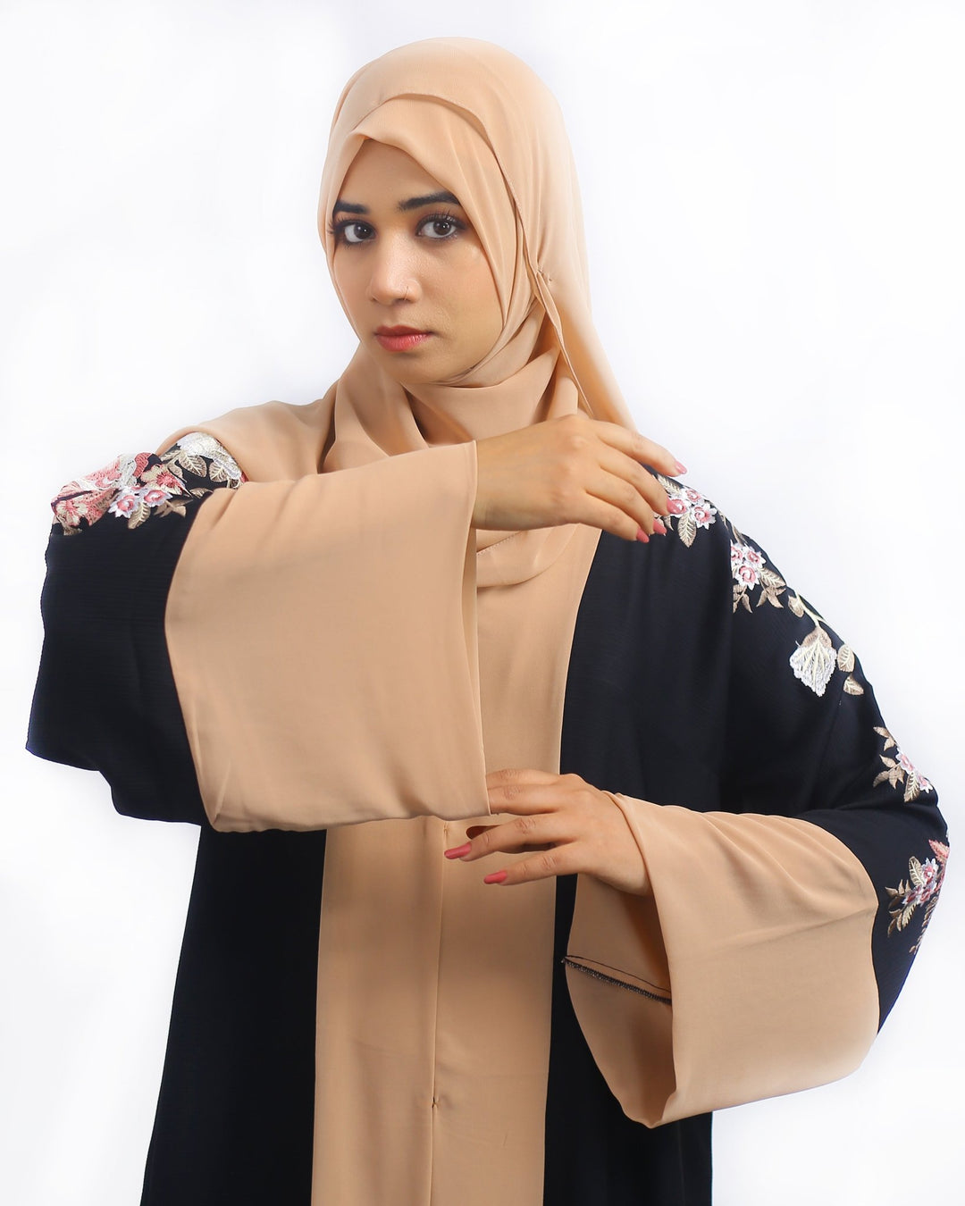 Black & Beige Front Open Abaya with Floral Embroidery - Abaya Elegance