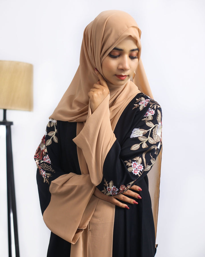 Black & Beige Front Open Abaya with Floral Embroidery - Abaya Elegance