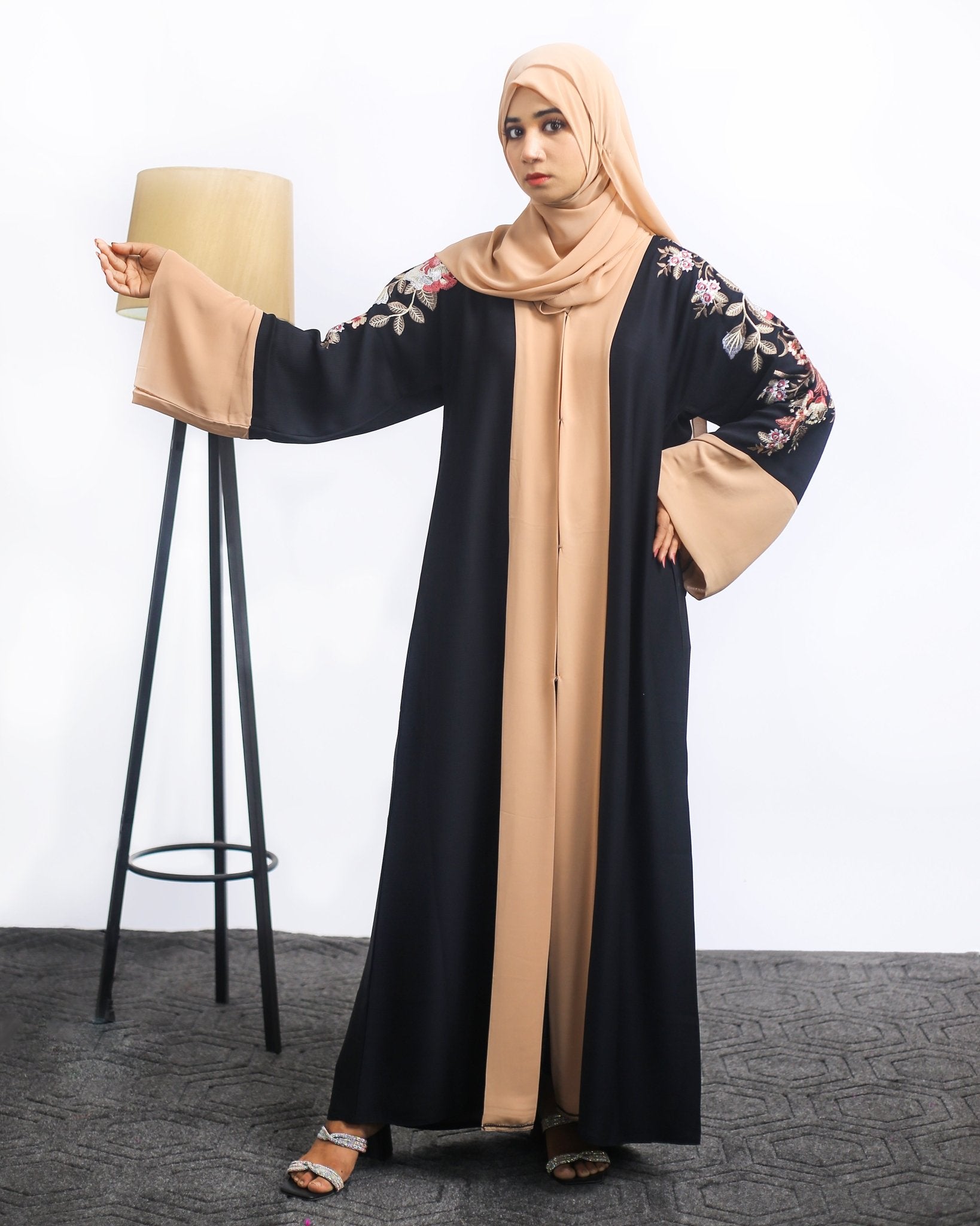 Black & Beige Front Open Abaya with Floral Embroidery - Abaya Elegance