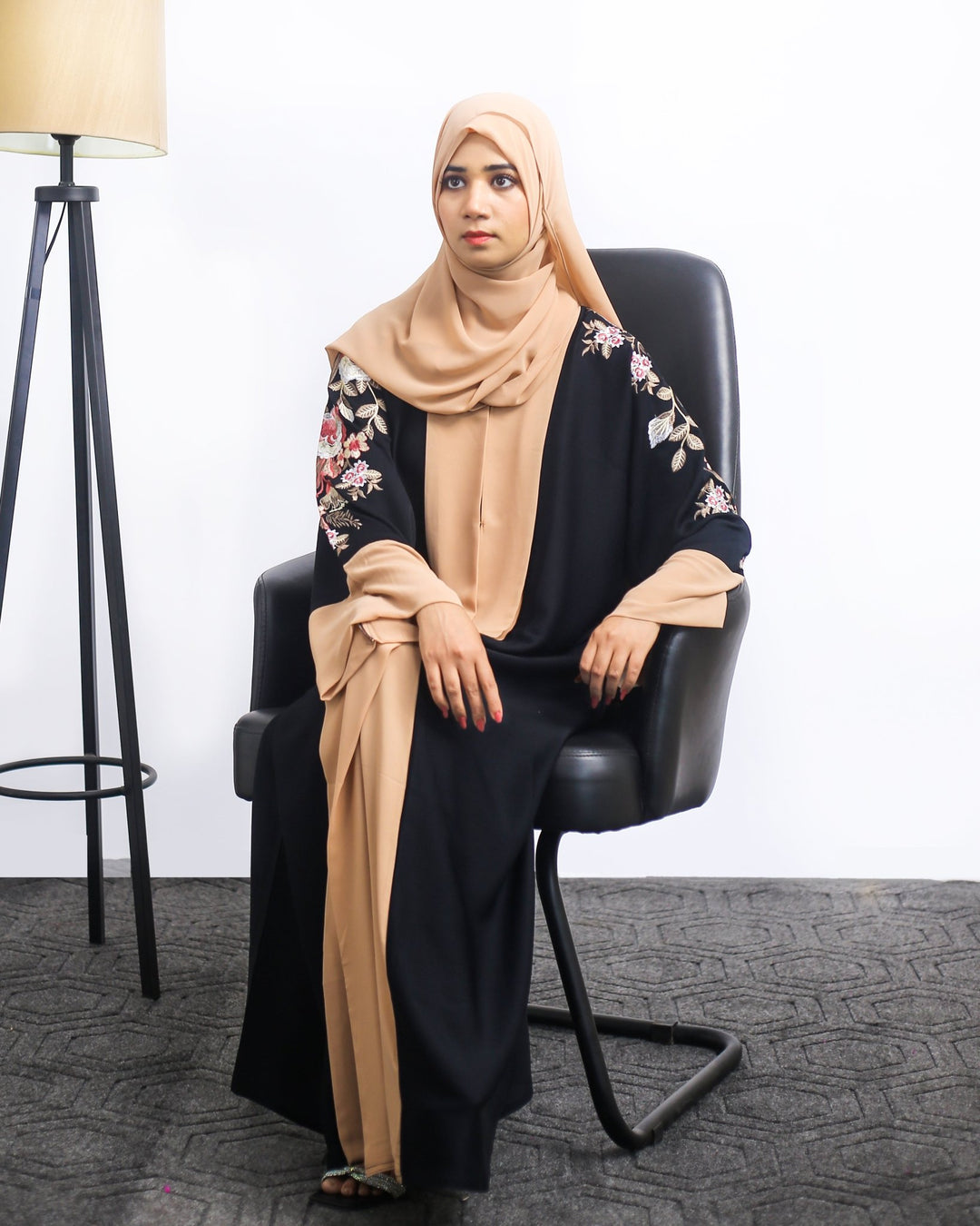 Black & Beige Front Open Abaya with Floral Embroidery - Abaya Elegance