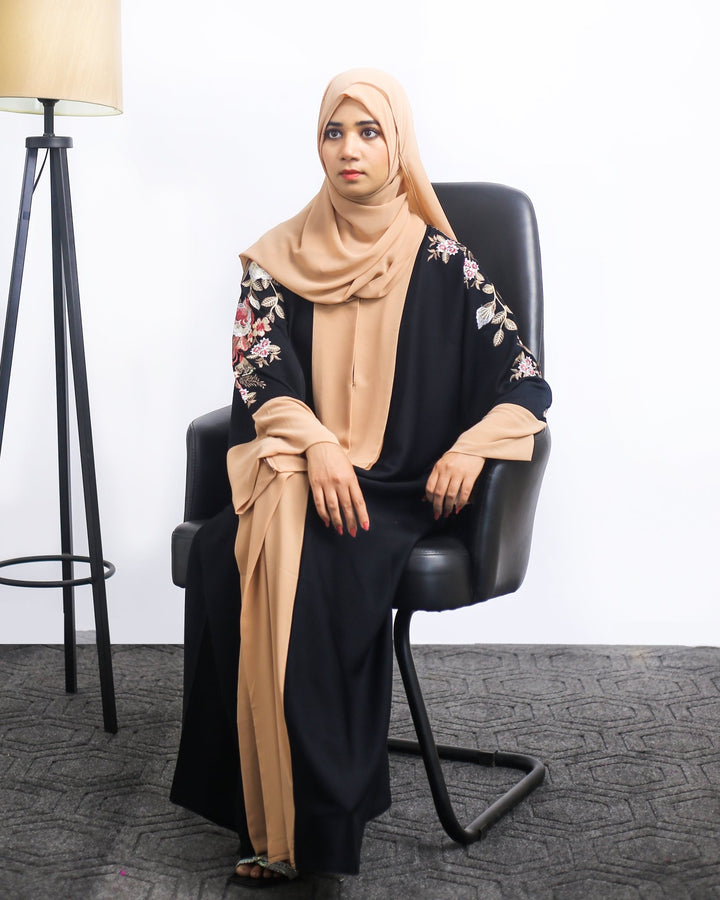 Black & Beige Front Open Abaya with Floral Embroidery - Abaya Elegance