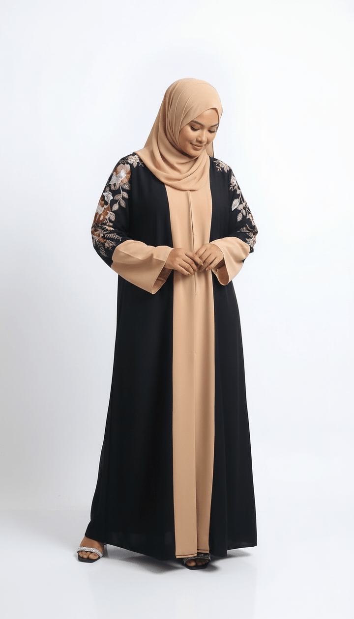 Black &amp; Beige Front Open Abaya with Floral Embroidery - Abaya Elegance