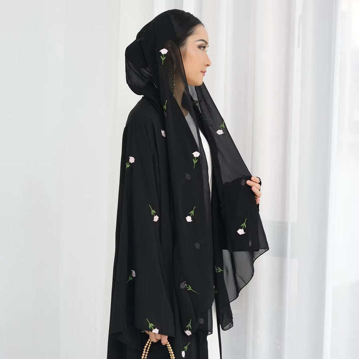 Black Embroidered Abaya Set with White Embroidery - Abaya Elegance