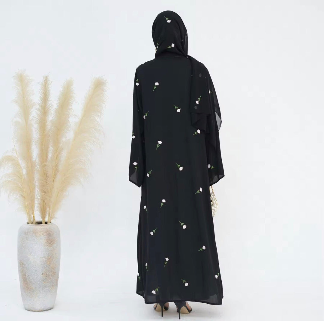 Black Embroidered Abaya Set with White Embroidery - Abaya Elegance