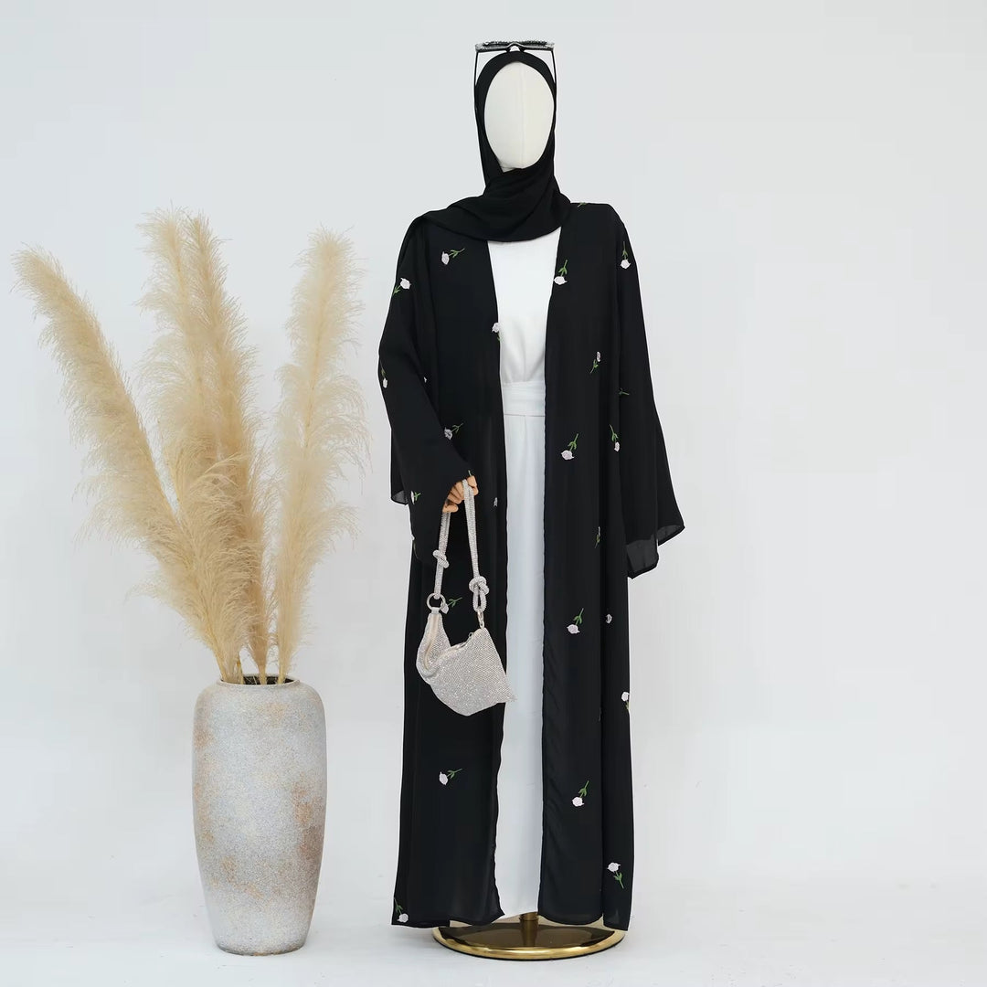 Black Embroidered Abaya Set with White Embroidery - Abaya Elegance