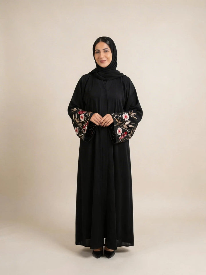 Black Floral Embroidered Abaya with Inner (Hijab Included) - Abaya Elegance