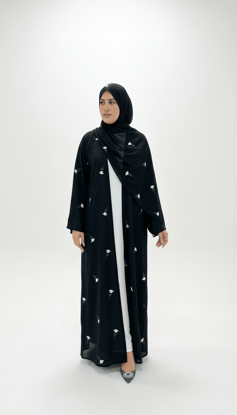 Black Floral Embroidered Abaya with Inner Slip - Abaya Elegance
