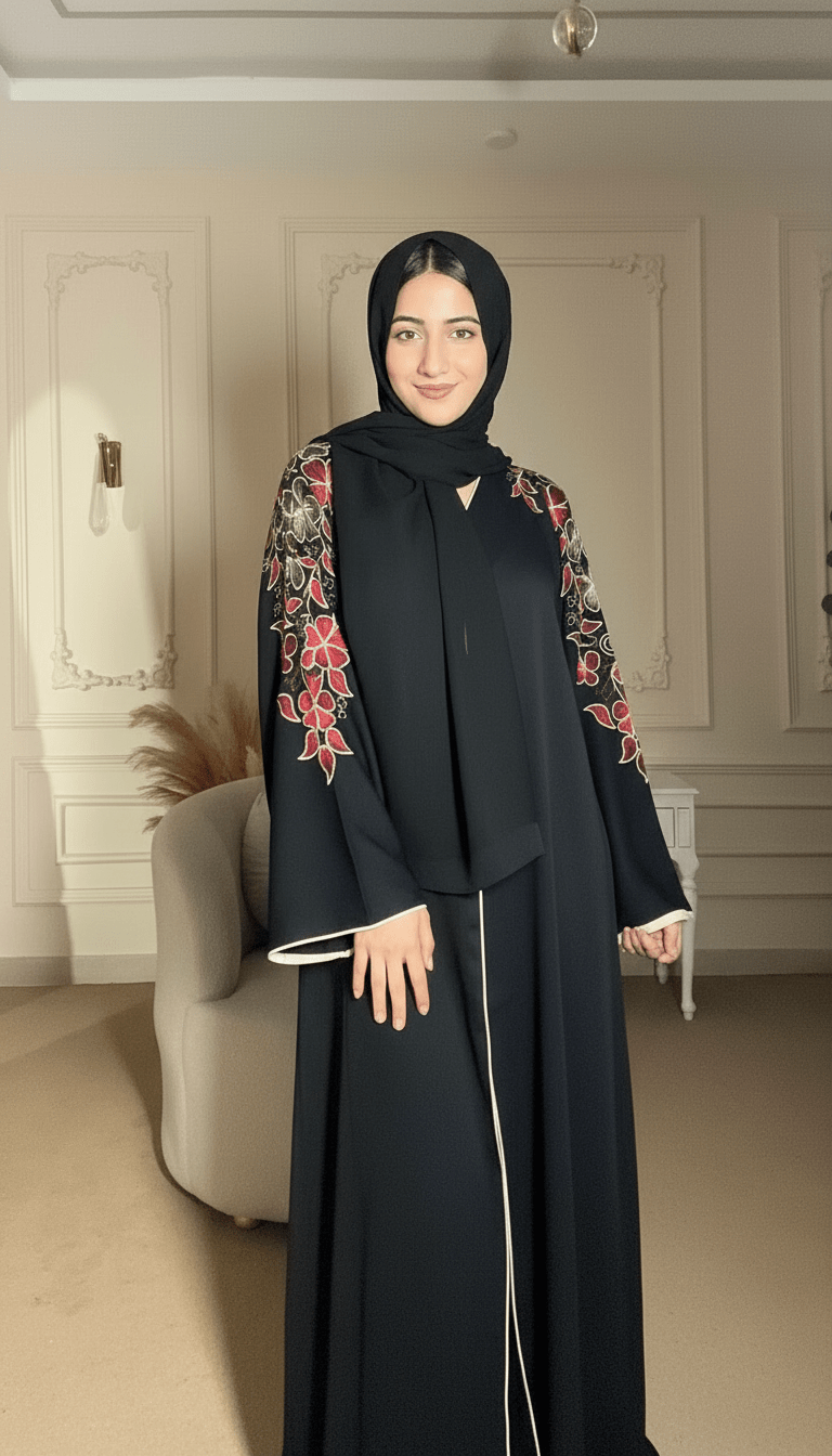 Black Floral Embroidered Back Detail Abaya - Abaya Elegance