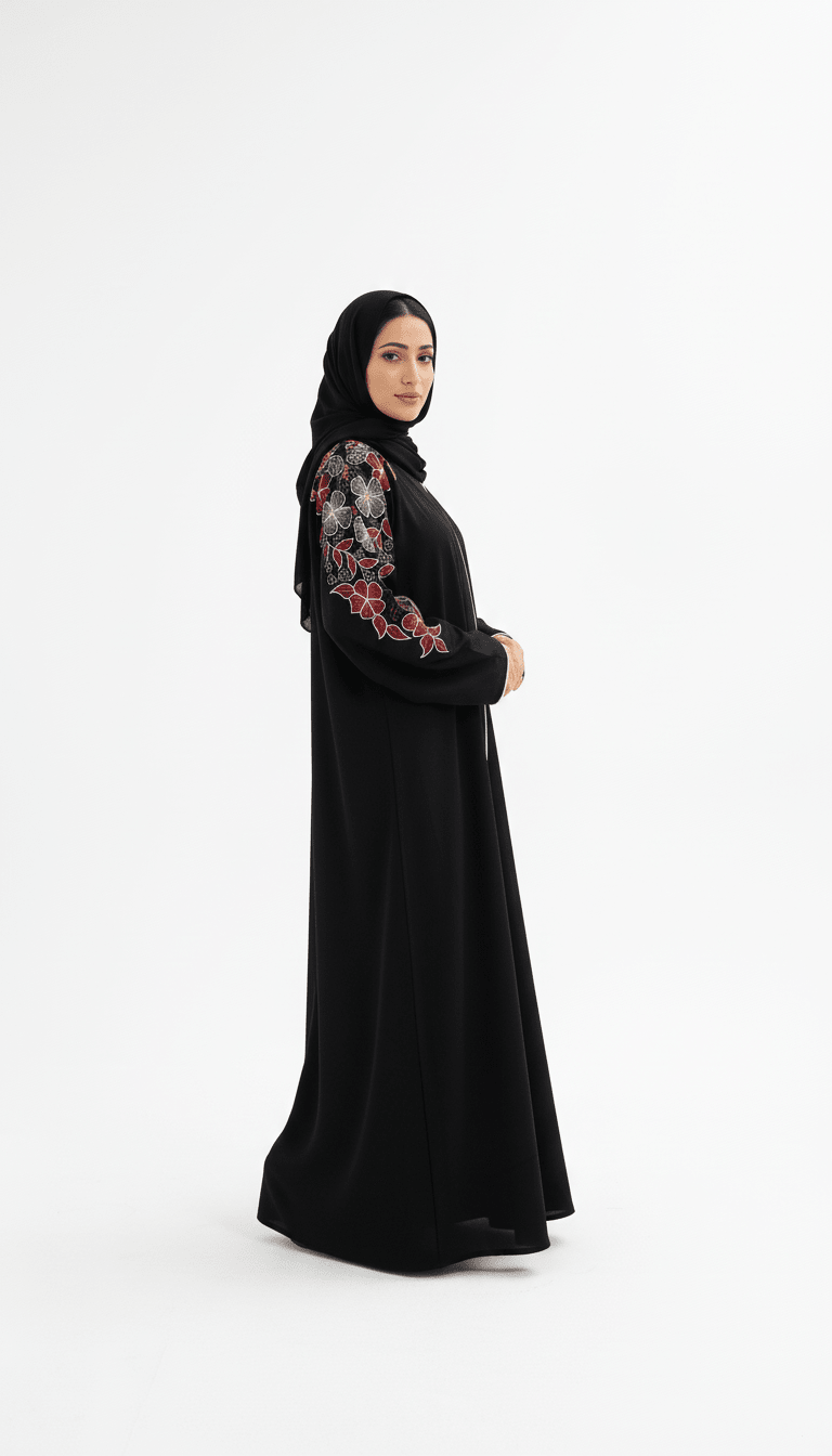 Black Floral Embroidered Back Detail Abaya - Abaya Elegance