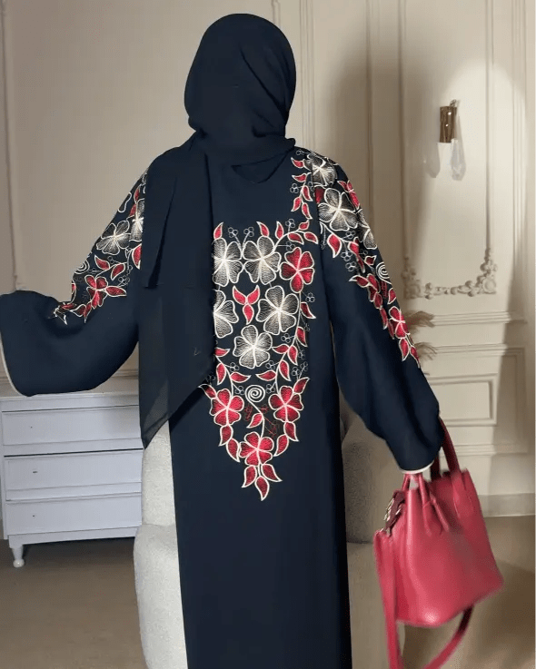 Black Floral Embroidered Back Detail Abaya - Abaya Elegance