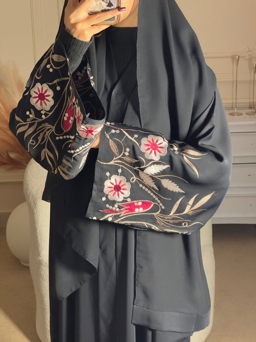 Black Floral Embroidered Sleeve Abaya with Inner - Abaya Elegance