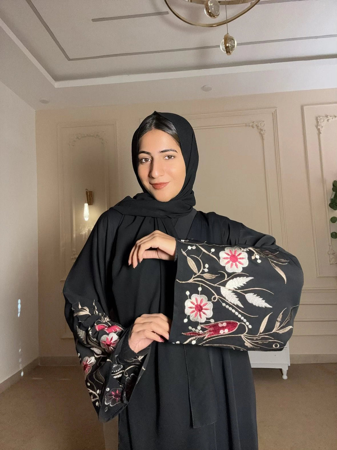 Black Floral Embroidered Sleeve Abaya with Inner - Abaya Elegance