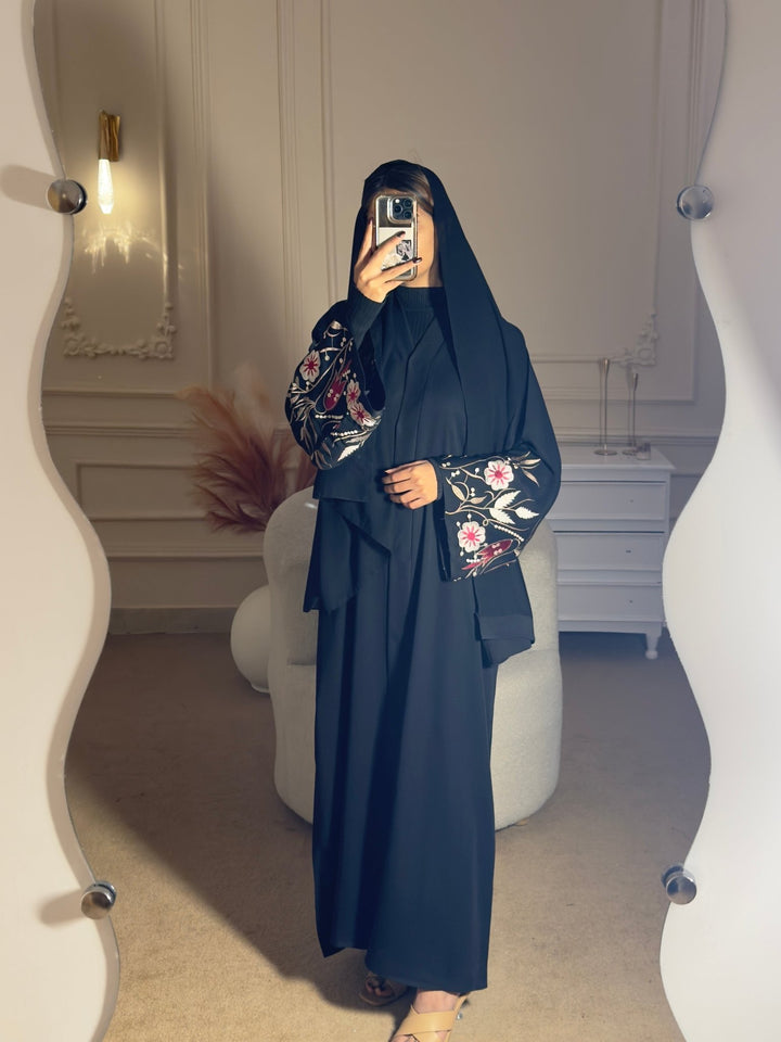 Black Floral Embroidered Sleeve Abaya with Inner - Abaya Elegance