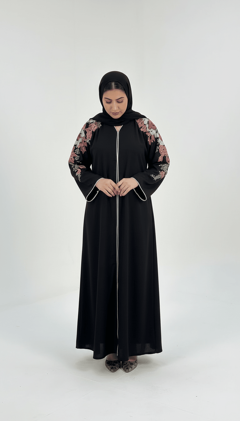 Black Front Open Abaya with Floral Embroidery - Abaya Elegance