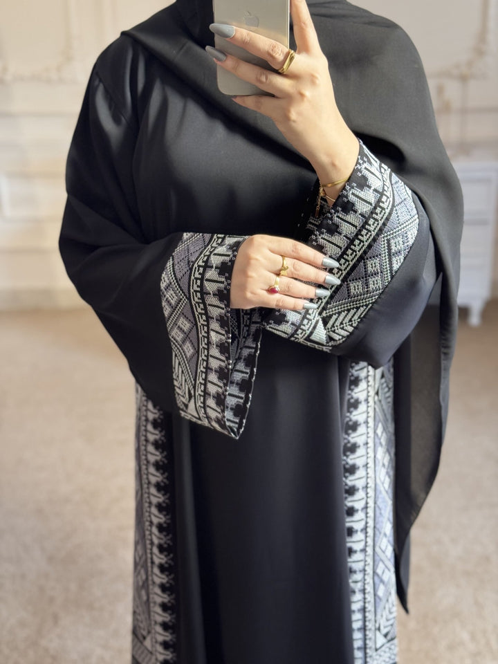 Black Front Open Abaya with Printed Side Panels - Abaya Elegance