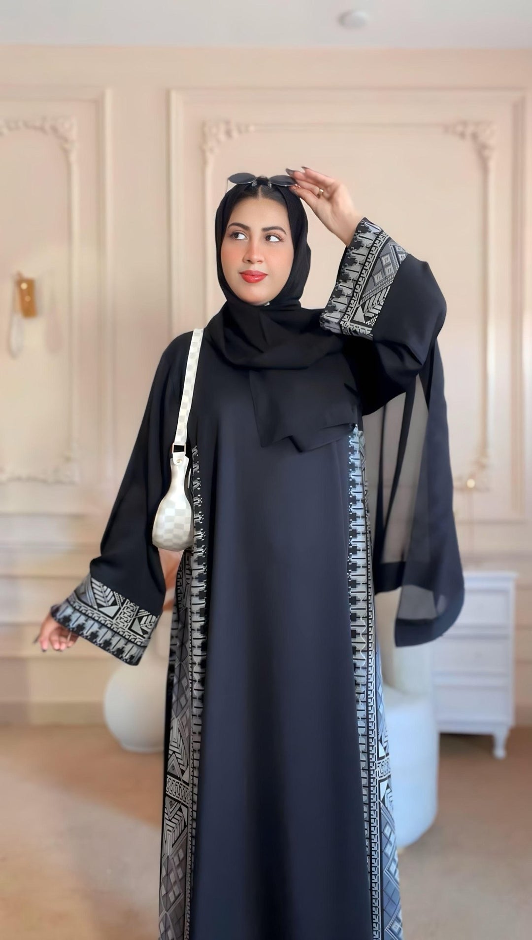 Black Front Open Abaya with Printed Side Panels - Abaya Elegance
