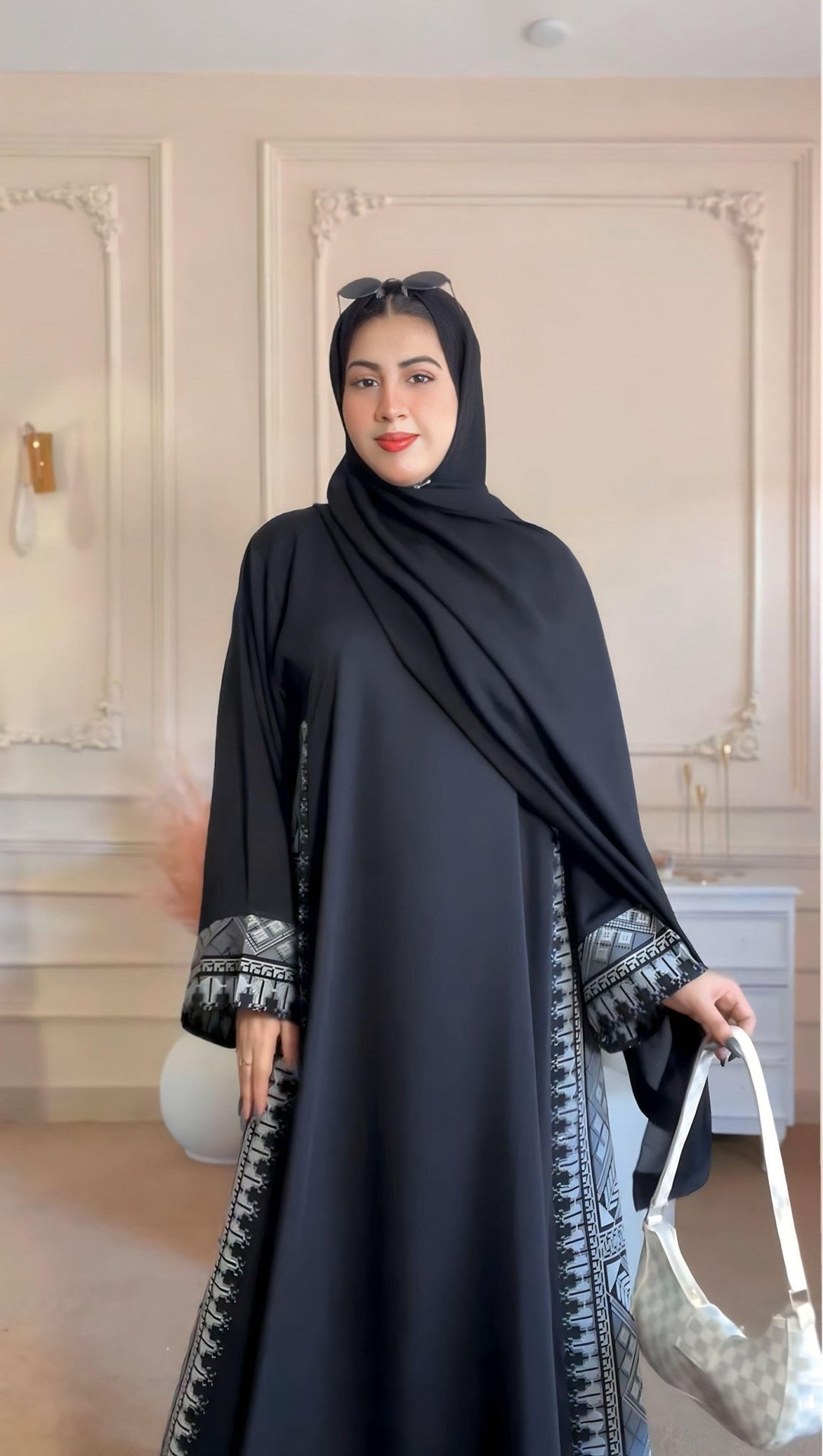 Black Front Open Abaya with Printed Side Panels - Abaya Elegance