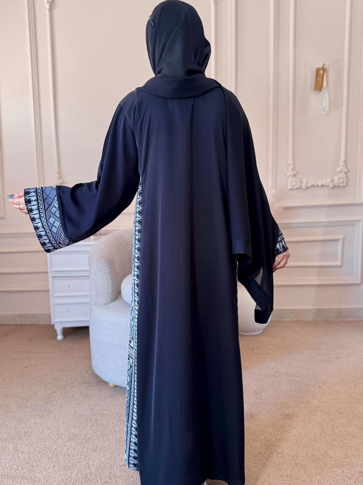 Black Front Open Abaya with Printed Side Panels - Abaya Elegance