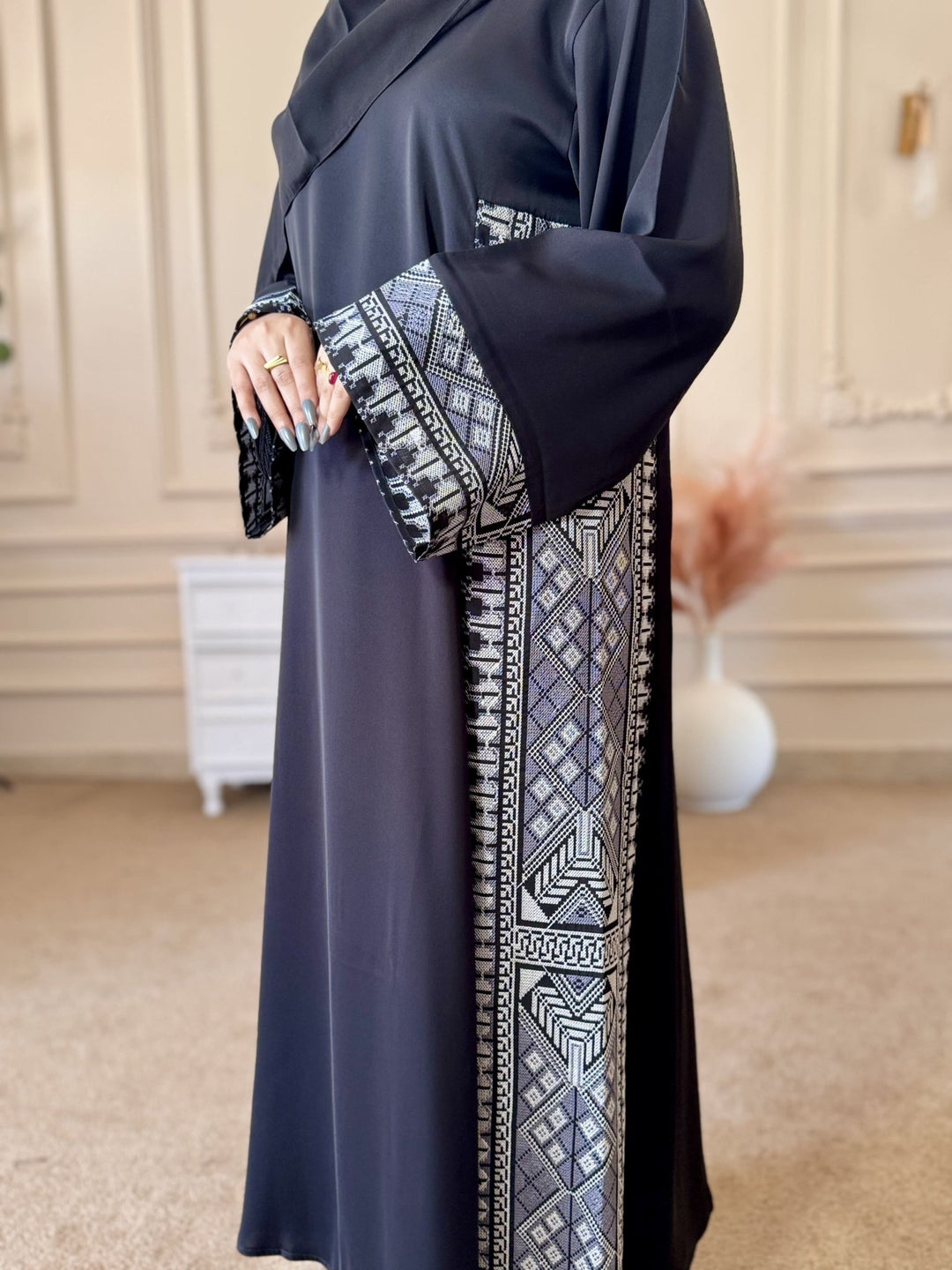 Black Front Open Abaya with Printed Side Panels - Abaya Elegance