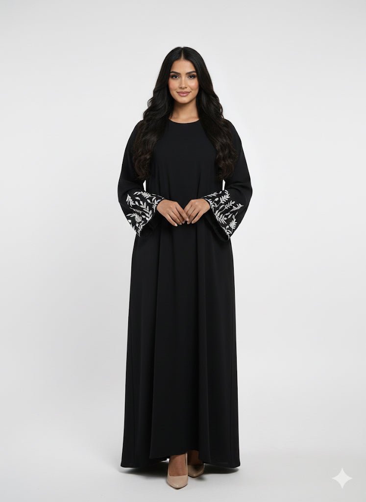 Black Front Open Abaya with White Embroidered Cuffs - Abaya Elegance