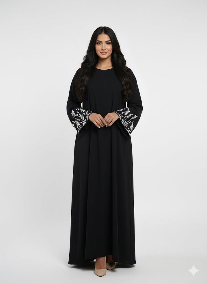 Black Front Open Abaya with White Embroidered Cuffs - Abaya Elegance
